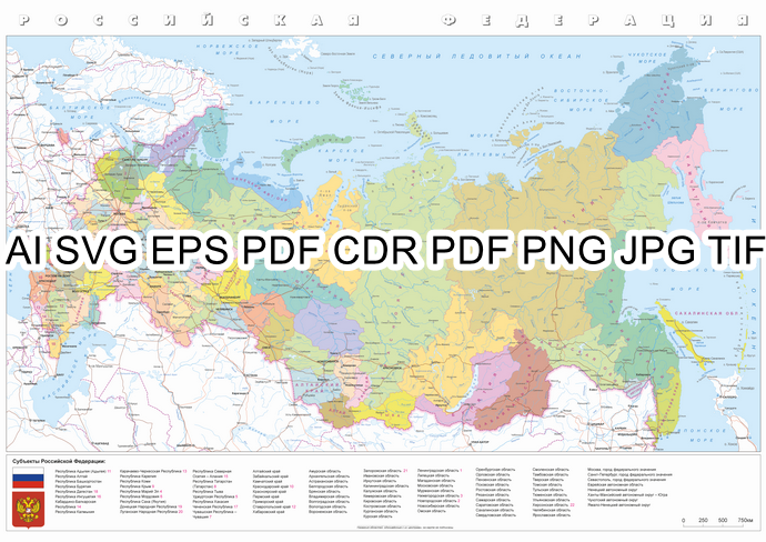 Векторная административная карта России РФ-М 2024 год