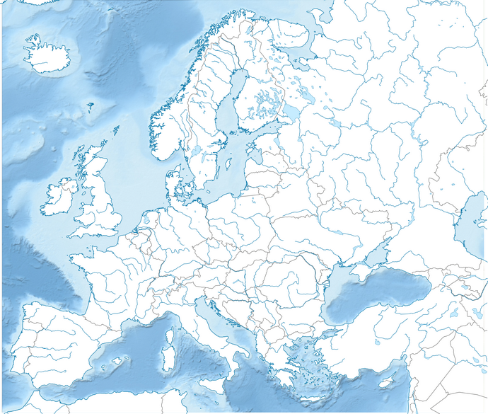 Векторная контурная карта Европы с гидрографией