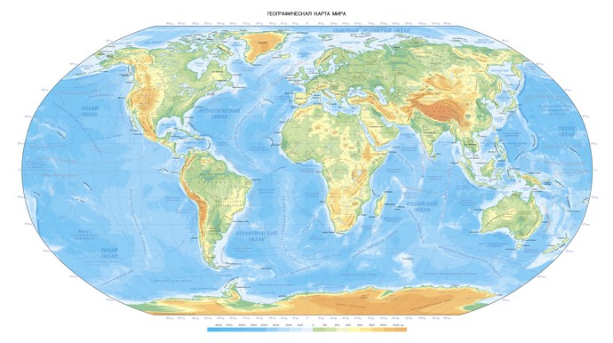 Физическая карта мира с границами стран в проекции Робинсона ФКМГСПР