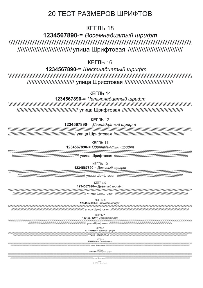 Лист теста размеров шрифтов А4